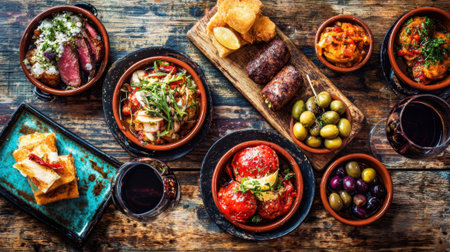 Various traditional tapas dishes are beautifully arranged on a rustic wooden table. The vibrant colors of the food complement the cozy atmosphere during a social gathering.の素材