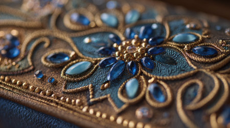 A blue and gold piece of jewelry with a flower design. The blue and gold colors give the piece a luxurious and elegant feel. The flower design adds a touch of nature and whimsy to the pieceの素材