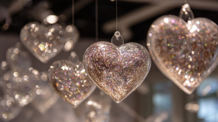 A cluster of hearts hanging from the ceiling, each one with a different design. Scene is one of celebration and joy, as the hearts are often associated with love and happinessの素材