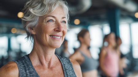 A woman is smiling and looking at the camera. She is wearing a gray tank top. Scene is happy and positiveの素材