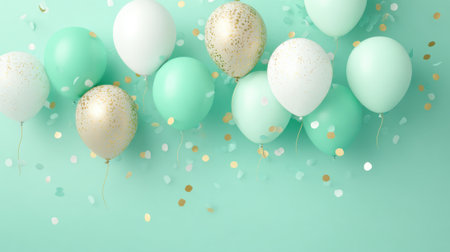 A collection of mint green and gold balloons floats against a pastel background surrounded by shiny confetti. This setup is perfect for a birthday or any joyful celebration.の素材