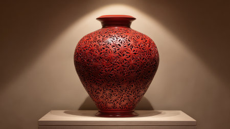 A red vase with a lot of holes in it sits on a table. The vase is very large and has a lot of detail, making it look like a piece of art. The light shining on the vase creates a warmの素材