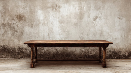 A wooden table is sitting in front of a wall. The table is empty and the wall is covered in moldの素材