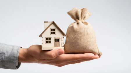 A hand is holding a bag of money next to a house. The house is small and whiteの素材