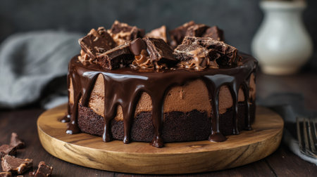 A chocolate cake with chocolate drizzle on top. The cake is sitting on a wooden board. Scene is sweet and indulgentの素材