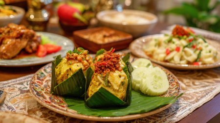 A table with a variety of food, including a plate of three spring rolls and a plate of cucumbersの素材