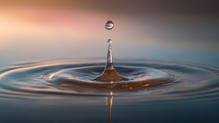 A single water droplet falls into still water creating a beautiful splash. The scene showcases vibrant colors of sunset reflecting on the surface offering a calm ambiance.の素材