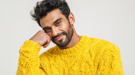 A man in a yellow sweater is smiling and leaning on his arm. Concept of warmth and comfort, as the man is relaxed and at ease in his cozy sweaterの素材