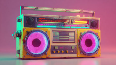 A classic boombox sits against a colorful background. The speakers glow with vibrant neon lights showcasing a nostalgic design from the past. This scene captures a fun retro vibe.の素材