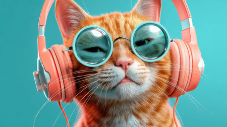 A cool orange cat with oversized glasses and headphones sits against a bright blue background. The feline appears relaxed enjoying its time listening to music in style.の素材
