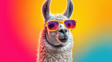 A llama wearing sunglasses and a yellow hat. The llama is smiling and looking at the cameraの素材