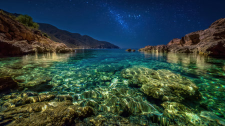 A beautiful body of water with a starry sky above it. The water is clear and calm, and the stars are shining brightly in the sky. The scene is peaceful and serene, and it evokes a sense of calmの素材