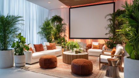 A living room with a large screen TV and a lot of plants. The room has a cozy and inviting atmosphereの素材