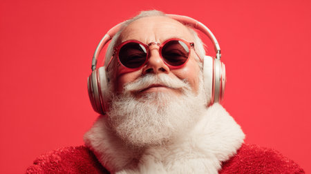 Santa Claus dressed in a bright red suit with a fluffy collar smiles joyfully while wearing large pink sunglasses and headphones. The background is a striking red enhancing the festive vibe.の素材