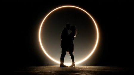A couple stands close together in silhouette sharing a kiss under a bright circular light. The scene evokes a sense of romance and intimacy surrounded by dark space.の素材