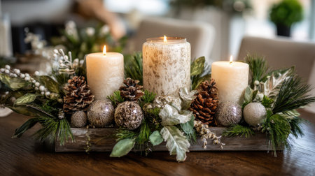 A festive centerpiece featuring lit candles surrounded by pinecones ornaments and greenery. This decorative arrangement enhances a cozy dining setting during the holiday season.の素材
