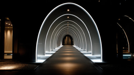 A long tunnel with a lit ceiling. The tunnel is dark and the lights are onの素材