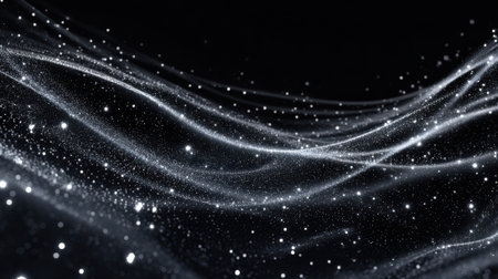 Delicate white particles flow smoothly in waves creating a dreamlike cosmic scene. The dark background enhances the ethereal beauty of the swirls and sparkles.の素材