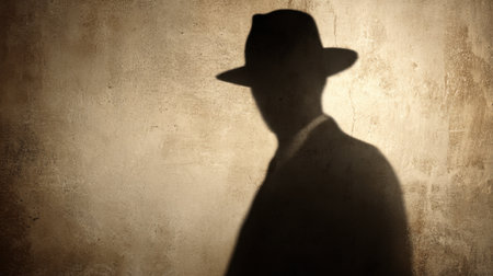 A mysterious figure wearing a fedora hat stands against a textured wall during dusk casting a dramatic shadow. The scene suggests an air of suspense and intrigue in a city environment.の素材