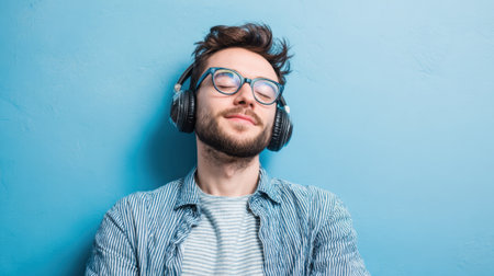 A young man with glasses is immersed in music while wearing headphones. He leans back against a vibrant blue wall capturing a serene moment of enjoyment.の素材