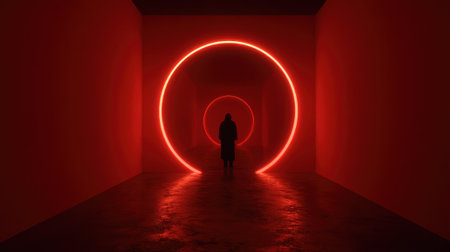 A dark corridor features vibrant red neon circles that glow intensely. A solitary figure in a long coat stands in the center creating an intriguing atmosphere. Shadows deepen the sense of mystery.の素材