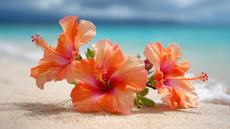 Bright orange hibiscus flowers rest on the soft sand of the beach with gentle waves lapping at the shore and a stunning turquoise ocean spreading out behind them.の素材