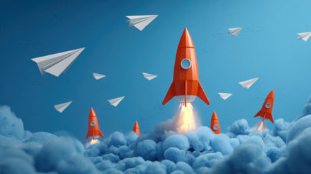 Bright orange rockets take off from fluffy clouds accompanied by white paper airplanes soaring in a clear blue sky. The scene captures the excitement of imagination and creativity.の素材