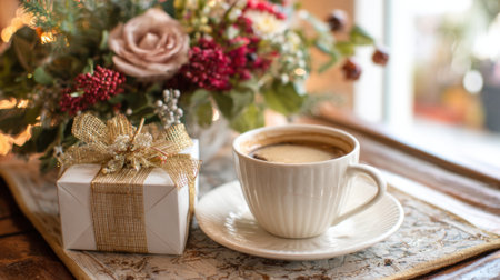 A warm cup of coffee sits beside a neatly wrapped gift box on a rustic table. Colorful flowers add charm to the cozy setting inviting relaxation and enjoyment.の素材