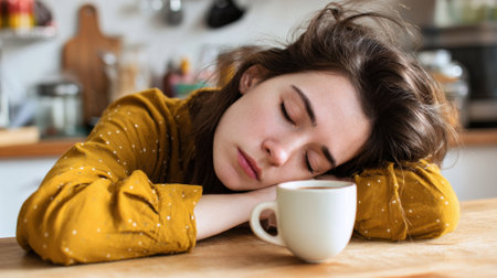 A young woman with brown hair leans her head on her arms on a wooden kitchen table, feeling exhausted. A white coffee cup is beside her in a cozy kitchen setting, creating a warm atmosphere.の素材