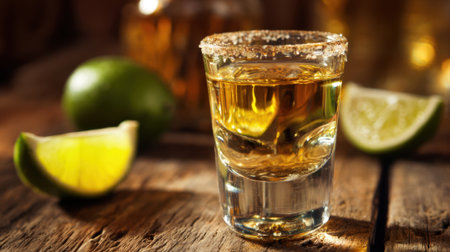 A shot of tequila is garnished with salt and accompanied by fresh lime wedges on a rustic wooden table. The setting suggests a lively celebration or social gathering.の素材