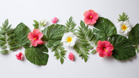 Bright pink and white hibiscus flowers are paired with lush green leaves creating a lively and tropical decor. This arrangement showcases nature's beauty perfect for events.の素材