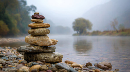 A serene scene shows a carefully stacked formation of smooth stones by a quiet river. Soft morning light and fog create a tranquil atmosphere in the natural landscape.の素材
