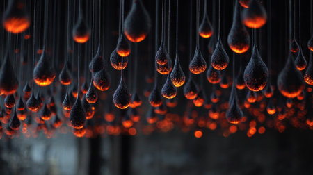 A large number of small, glowing orbs hanging from the ceiling. The orbs are arranged in a way that creates a sense of depth and movement, with some appearing to be suspended in mid-airの素材