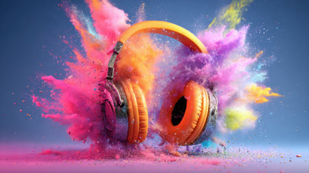 Brightly colored powders burst around bold headphones symbolizing the energy of music and creativity. This dynamic scene captures excitement and artistic expression in a fun way.の素材