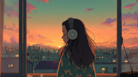 A girl with headphones gazes out of a window at the colorful sunset over a city. The warm hues create a serene atmosphere as she enjoys her music in her cozy room.の素材