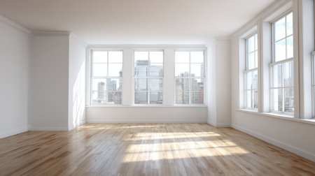 Natural light floods this vacant room with hardwood floors and tall windows offering a stunning view of the city. The space is ideal for creative projects or living.の素材