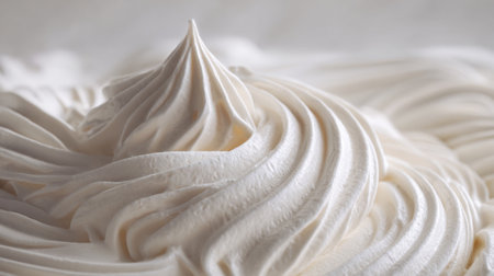 A close view of smooth fluffy whipped cream shows intricate swirls and peaks capturing the light in a cozy kitchen environment. Perfect for enhancing various desserts.の素材
