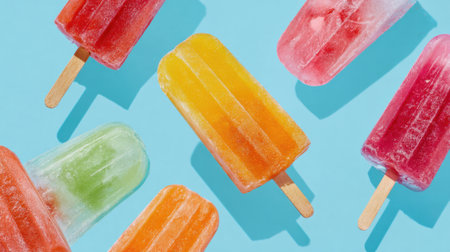 Several vibrant ice pops in various flavors are scattered on a blue background. They have different colors and textures representing summer fun and refreshment.の素材