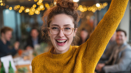 A joyful young woman in a bright sweater raises her hand in excitement at a gathering with friends. The warm lighting and festive atmosphere enhance the celebration ambiance.の素材