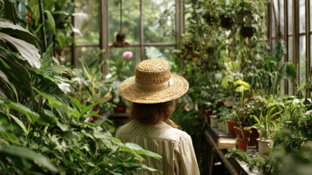 A woman wearing a straw hat stands quietly, surrounded by a variety of vibrant green plants in a bright greenhouse. Sunlight filters through the glass, creating a serene atmosphere.の素材