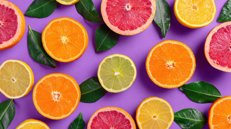 Various citrus fruits including oranges, grapefruits, limes, and lemons are beautifully arranged on a purple surface, enhanced by green leaves, creating a colorful display.の素材