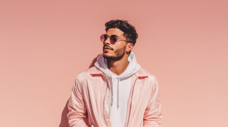 A young man stands confidently against a pastel pink wall. He wears a light jacket over a hoodie complemented by trendy sunglasses. His casual style radiates modern fashion sense.の素材
