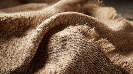 Textured burlap fabric lies in soft folds capturing warm light and highlighting its natural beauty.の素材