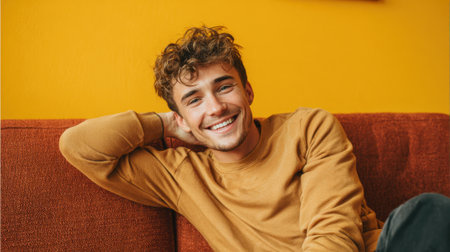 A young man with curly hair is smiling and lounging comfortably on a soft orange couch. The cheerful yellow wall adds warmth to the cozy setting showing a moment of joy and relaxation.の素材