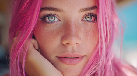 A young person with striking pink hair rests their chin on their hand smiling softly. The sunlight highlights their expressive eyes and freckles creating a cheerful atmosphere of warmth and joy.の素材