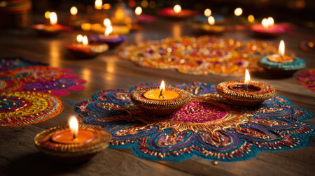 Decorative diyas are lit and placed on intricate colorful fabrics during a nighttime festival celebration. The warm glow adds a festive atmosphere to the surroundings.の素材