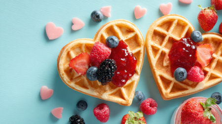 Heart shaped waffles sit on a blue surface garnished with vibrant strawberries blueberries blackberries and a drizzle of jam. Small heart candies surround the waffles creating a charming scene.の素材