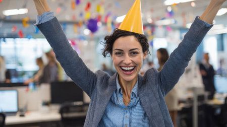 A woman wearing a party hat joyfully celebrates with her arms raised in a busy office filled with colorful streamers and coworkers enjoying a festive atmosphere.の素材