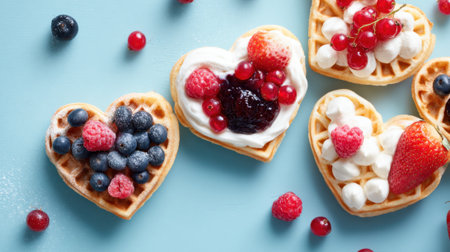 Heart shaped waffles are arranged on a blue surface adorned with a variety of fresh berries and dollops of cream. A delightful treat perfect for any occasion.の素材