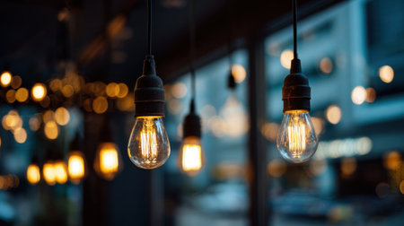 A group of light bulbs hanging from the ceiling, with some of them lit up. The scene is set in a restaurant or bar, with a view of the street outside. Scene is warm and invitingの素材